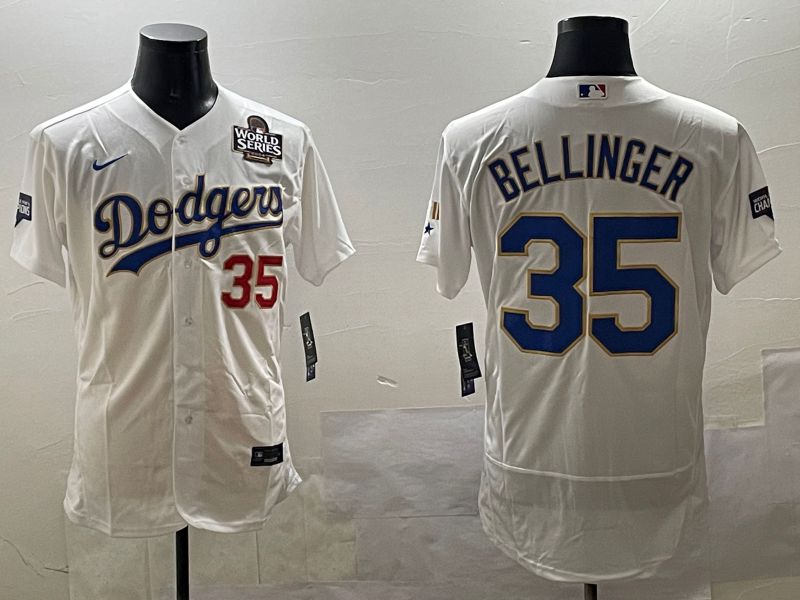 Men Los Angeles Dodgers #35 Bellinger White Gold Elite 2025 Nike MLB Jersey style 7
